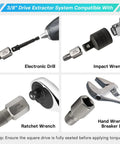15 Piece Screw Extractor Set for Stripped Bolts and Screws, Easy Out Bolt Extractor Kit with Three Eighths Inch Hex Drive in use with tools.