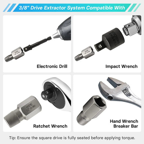 15 Piece Screw Extractor Set for Stripped Bolts and Screws, Easy Out Bolt Extractor Kit with Three Eighths Inch Hex Drive in use with tools.