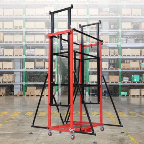 Heavy Duty Electric Lift Cart With Wireless Remote Foldable Work Platform Sturdy Steel Rig in warehouse with stacked boxes.