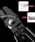 All-In-One 328ft Wire Rope Crimping Tool Kit With Heavy-Duty Crimp Tool Black Vinyl Coated 7x7 1.5mm Wire, 200 Aluminum Crimp Sleeves And 20 Stainless Steel Thimbles For DIY Rigging And Pro Grade Results showing crimp tool and wire transformation