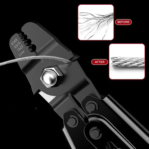 All-In-One 328ft Wire Rope Crimping Tool Kit With Heavy-Duty Crimp Tool Black Vinyl Coated 7x7 1.5mm Wire, 200 Aluminum Crimp Sleeves And 20 Stainless Steel Thimbles For DIY Rigging And Pro Grade Results showing crimp tool and wire transformation
