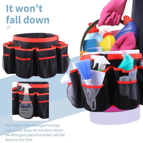 5 Gallon Bucket Tool Organizer And Wash Caddy With 16 Pockets, drainage mesh, loaded with cleaning supplies