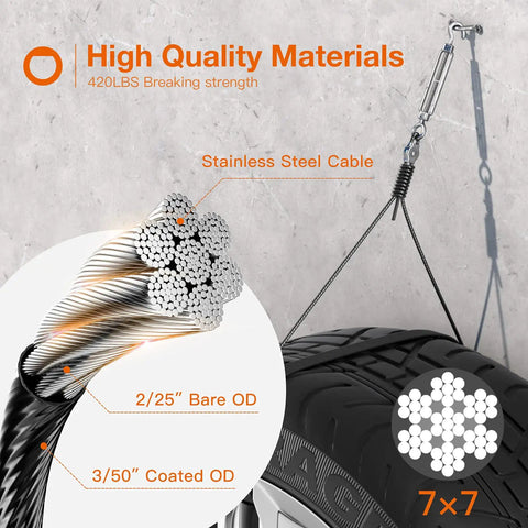 Cutaway of 164 Ft Nylon Coated Stainless Steel Cable Hanging Kit for Outdoor String Lights highlighting wire composition and features.