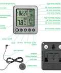 Digital Refrigerator Freezer Thermometer With Extra Sensor For Indoor Outdoor Use Humidity Hygrometer And Max Min Memory Reptile And Aquarium Temp Monitor Fridge Freezer Thermometer 1.5m Probe 24 Hour Recall Black, front and back view
