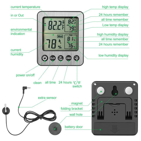Digital Refrigerator Freezer Thermometer With Extra Sensor For Indoor Outdoor Use Humidity Hygrometer And Max Min Memory Reptile And Aquarium Temp Monitor Fridge Freezer Thermometer 1.5m Probe 24 Hour Recall Black, front and back view