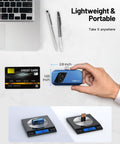 Dual Lens Thermal Camera For Iphone Ipad And Android With 512 By 384 Thermal Resolution And 256 By 192 IR Resolution USB C Compatible Sharp Infrared Imaging Heat Map Ready Blue Temperature Range Minus Four To One Thousand Twenty Two Degrees Fahrenheit shown handheld and on scales with dimensions and weight compared to credit card.