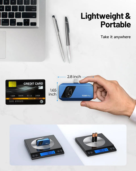 Dual Lens Thermal Camera For Iphone Ipad And Android With 512 By 384 Thermal Resolution And 256 By 192 IR Resolution USB C Compatible Sharp Infrared Imaging Heat Map Ready Blue Temperature Range Minus Four To One Thousand Twenty Two Degrees Fahrenheit shown handheld and on scales with dimensions and weight compared to credit card.