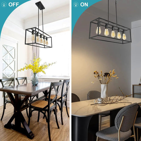 Industrial Black Farmhouse Chandelier Over Table 5 Light Rectangle Hanging Light shown in dining room settings.