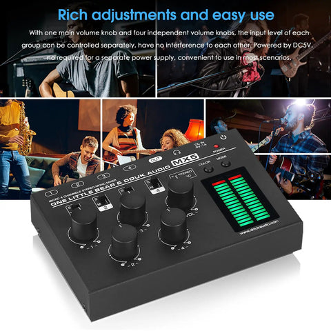 Four Channel Audio Mixer For Home Studio And Live Gigs With Independent Mono Stereo Switches Ultra Low Noise And LED Level Meter