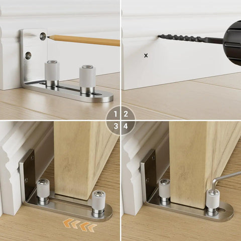 Stainless Steel Barn Door Floor Guide With Adjustable Ball Bearing Bottom Guide Wall Mount For Smooth Sliding Non Scratch Heavy Duty Sliding Door Hardware For Interior And Exterior Use, shown in various installation views.