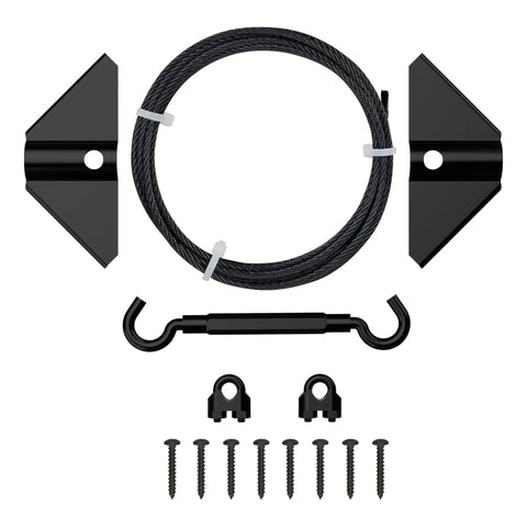 Anti Sag Gate Kit For Exterior Use With WeatherGuard Black Finish Includes Top And Bottom Corner Brackets Cable Clamps Cable Turnbuckle And Mounting Screws.