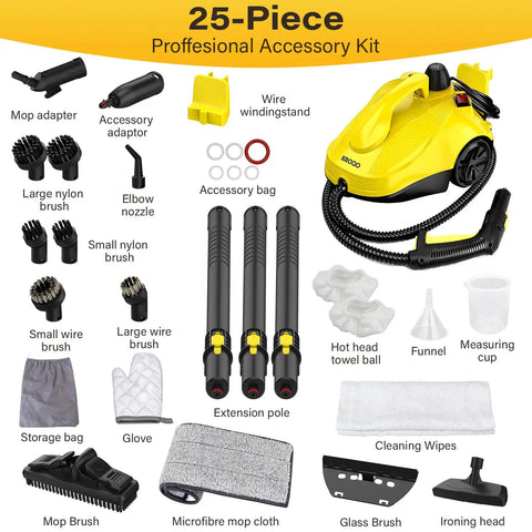 25-piece professional accessory kit for Top Shelf Multi Purpose Steam Cleaner with brushes, nozzles, and cleaning supplies.