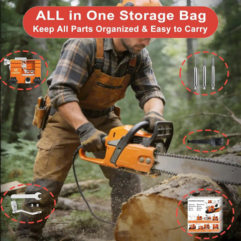 Person using electric chainsaw with Chainsaw Sharpener Jig Kit Pro Grade Portable Sharpening Tool With 3 Grinding Stones.