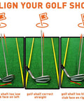 Golf Alignment Rods Swing Trainer Aid For Consistent Golf Shots shown with club-face alignment correction diagram.