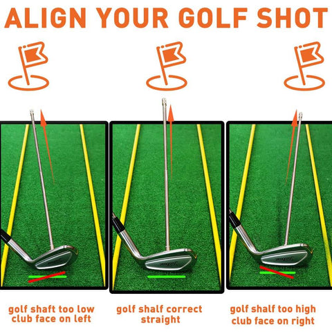 Golf Alignment Rods Swing Trainer Aid For Consistent Golf Shots shown with club-face alignment correction diagram.