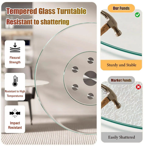 Tempered Glass Round Turntable With Six Wheels Large Lazy Susan Style Serving Tray showing flexural strength and shatter resistance