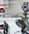 Pro Grade Self Leveling Laser Level Kit With 3x360 Degree Green Beams, 12 Lines, showing self-leveling and manual modes