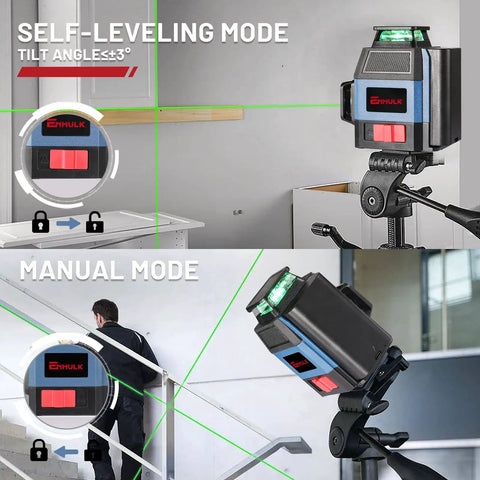 Pro Grade Self Leveling Laser Level Kit With 3x360 Degree Green Beams, 12 Lines, showing self-leveling and manual modes