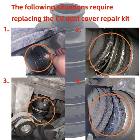 Illustrations of damaged CV boots needing the DIY Silicone CV Boot Repair Kit With Expander Tool And 4 Stainless Steel Clamps.