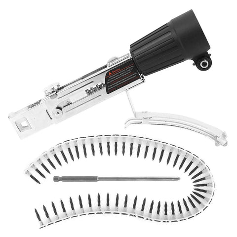 Automatic Drill Nailer Conversion Kit showing stainless steel adapter and 50 linked drivers for woodworking tasks.