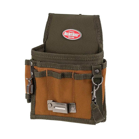 FlapFit Tool Pouch With Flap Nine Pocket Belt Pouch With Eight Tool Loops And Metal Tape Clip Rugged 600D Ripstop Nylon Construction For Pros On The Job Original Series Brown front view
