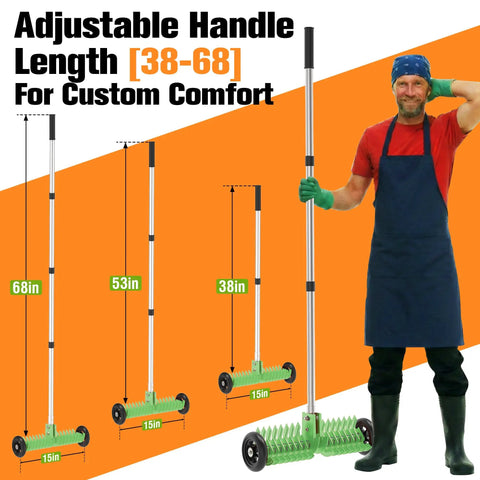 Thatch Rake For Lawn 15 Inch Dethatcher With Smooth Rolling Wheels Adjustable 0 To 15 Degrees 38 To 68 Inch Handle Heavy Duty Olive