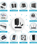 Diagram showing uses of 12V 2A 24W UL Listed AC DC Switching Power Supply Wall Wart Adapter for various electronic devices.