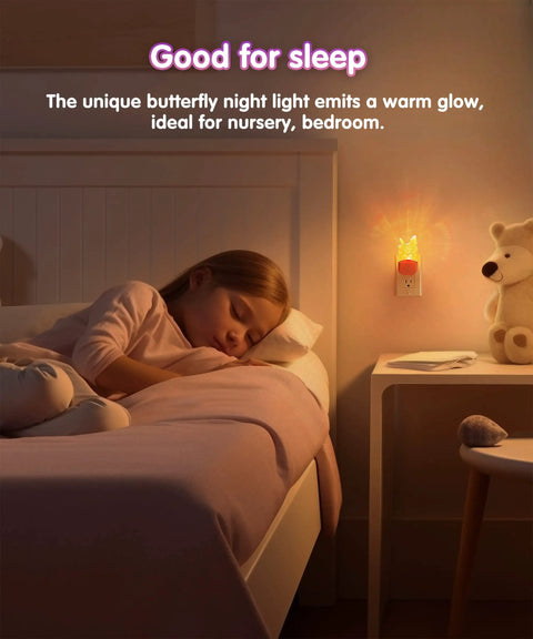 Child sleeping in bedroom with Led Kids Night Light Butterfly With 8 RGB Color Changing Lights, Dusk To Dawn Sensor on wall.