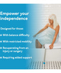 Woman using Easy Transfer Shower Bench With Back For Tub And Bathtub Safe Seat For Seniors Adjustable Height Shower Chair