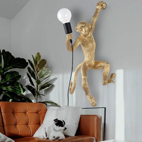 Modern Resin Monkey Wall Lamp With Hemp Rope Accent Vintage Vibe, gold resin monkey shaped light hanging above sofa and plant