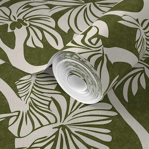 Top Notch Type II Professional Tropical Jungle Wallpaper Featuring Hella Durable Matte Finish and Subtle Linen Texture rolled out, heavy duty green design.
