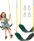 Two Pack Outdoor Swing Seats With 66 Inch Rust Resistant Heavy Duty Chains For Backyard Playground Replacement Anti Slip EVA Seats Supports Up To 330 Lb For Kids And Adults Green, with a child swinging