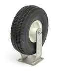 Top Tier 10 Inch Rigid Flat Free Caster Rocking Pneumatic Tires mounted on steel bracket, designed for outdoor use and heavy loads.