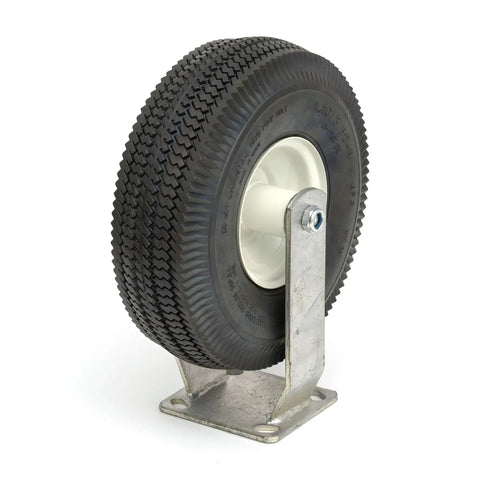Top Tier 10 Inch Rigid Flat Free Caster Rocking Pneumatic Tires mounted on steel bracket, designed for outdoor use and heavy loads.