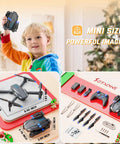 Foldable Mini Drone For Kid Friendly Fun With 1080P HD Camera And FPV Live Video Easy To Fly RC Quadcopter held by child, drone dimensions and accessories displayed.