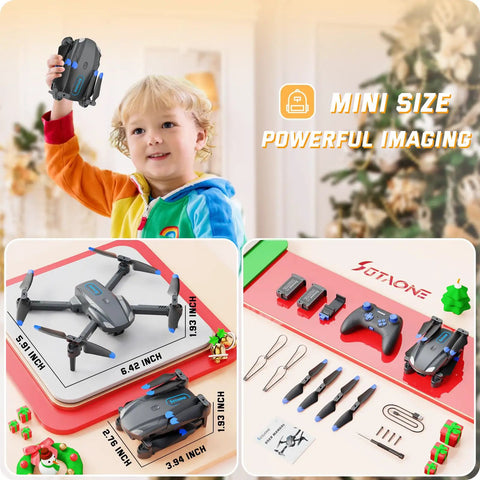 Foldable Mini Drone For Kid Friendly Fun With 1080P HD Camera And FPV Live Video Easy To Fly RC Quadcopter held by child, drone dimensions and accessories displayed.