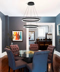 Black Two Ring LED Chandelier in dining room, flush mount, adjustable, dimmable remote, aluminum and acrylic, 60W, 3000K-6500K