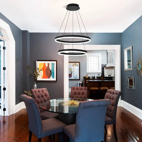 Black Two Ring LED Chandelier in dining room, flush mount, adjustable, dimmable remote, aluminum and acrylic, 60W, 3000K-6500K