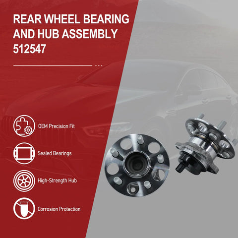 Rear Wheel Bearing And Hub Assembly For Prius, Corolla And Lexus CT200h - 5 Lug With ABS, Direct Fit Upgrade For Your Ride, Fits 2011-2017 CT200h, 2016-2022 Prius, 2020-2022 Corolla, OE Cross Reference 512547 shown with features and car silhouette