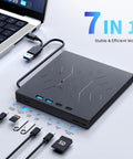 External Blu Ray Drive With 100GB Disc Read Write And 3D Blu Ray Burner Plug And Play Ready Reads Blu Ray At Up To 6X And DVDs At Up To 8X, 7-in-1 hub