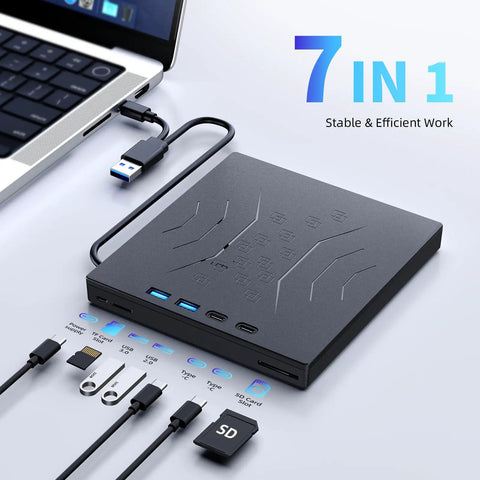 External Blu Ray Drive With 100GB Disc Read Write And 3D Blu Ray Burner Plug And Play Ready Reads Blu Ray At Up To 6X And DVDs At Up To 8X, 7-in-1 hub