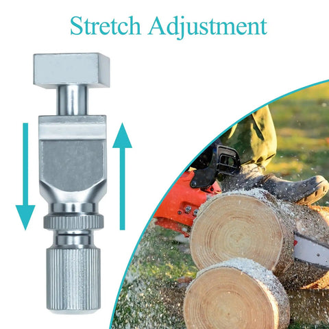 Pocket Chainsaw Chain Breaker Tool Kit showing stretch adjustment and log cutting with durable steel construction.