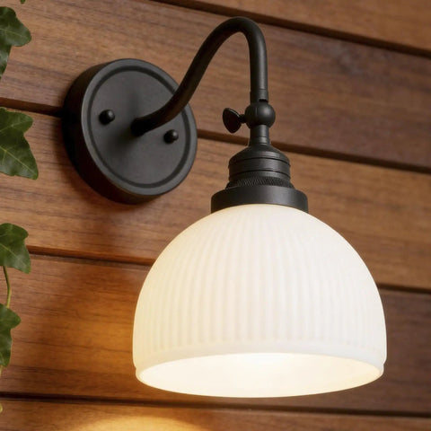 SongCiLT Vintage Wall Sconce 1-Light with White Striped Glass Globe Shade mounted on a wooden wall with an elegant design.