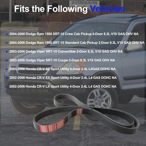 Heavy Duty Serpentine Belt For Honda CrV And Dodge Ram Fit 2004 To 2006 Models displayed with compatible vehicles listing.