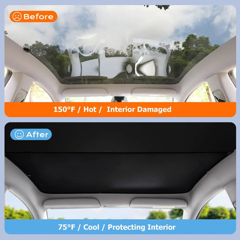 Tesla Model Y panoramic roof sunshade, Juniper color; heat-insulating, UV-protective, nano-reflective interior accessory.