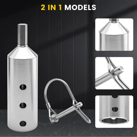 Heavy Duty Trailer Jack Drill Adapter With One Inch Drive Shaft Converts Your Cordless Drill Into An Automatic Lifter Built From Solid Stainless Steel, showing 2-in-1 model features.