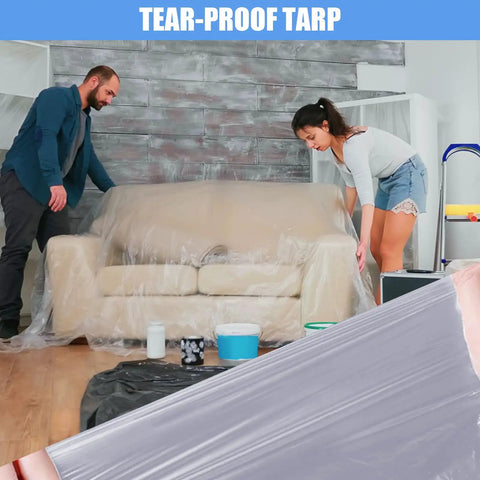 Two people covering a sofa with 30 Pack Clear Plastic Drop Cloths For Painting, Waterproof And Dustproof Protection, Heavy Duty 9x12 Feet Tarps