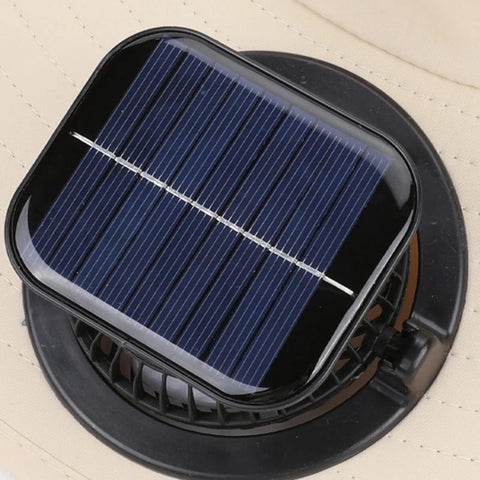 Close-up of USB solar power panel on solar powered fan hat with detachable USB solar power, wide brim sun shield.