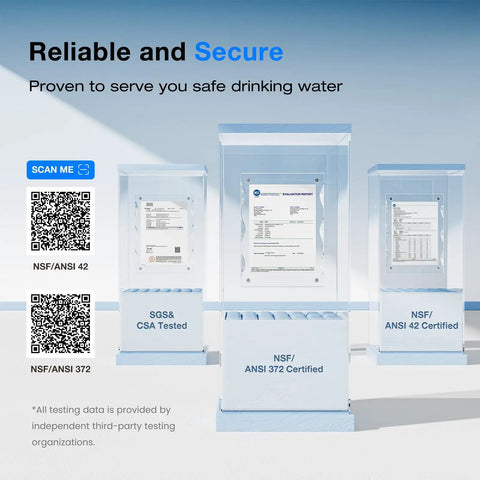 Certification display for 2.25 Gallon Gravity Water Filter System With Water Level Window, 3-Stage Filtration, 0.01 Micron Ultrafiltration.