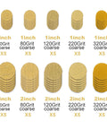 Assorted grit discs for All-in-One Bowl Sander Kit with 1-Inch and 2-Inch Sanding Blocks, including 60, 80, 120, 220, 320 grits.